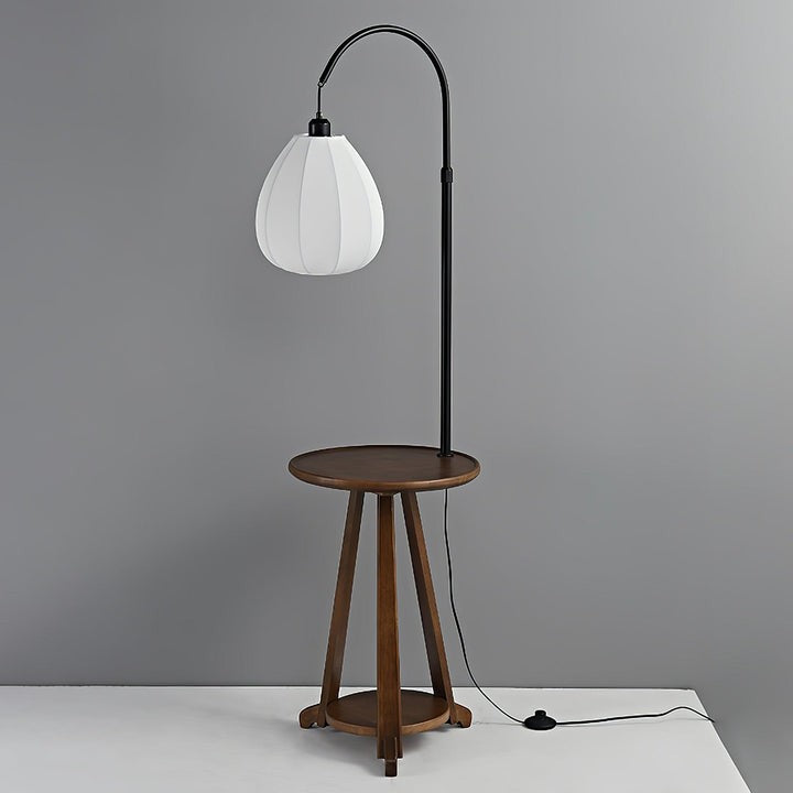 Curved Arc Side Table Floor Lamp with Walnut Wood Shelf