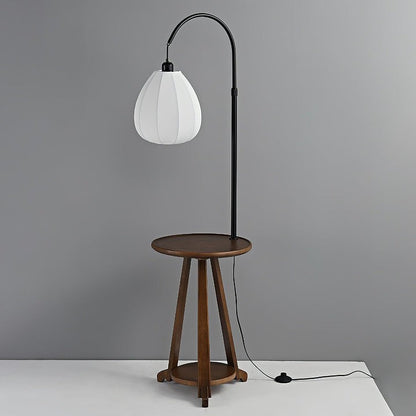 Curved Arc Side Table Floor Lamp with Walnut Wood Shelf