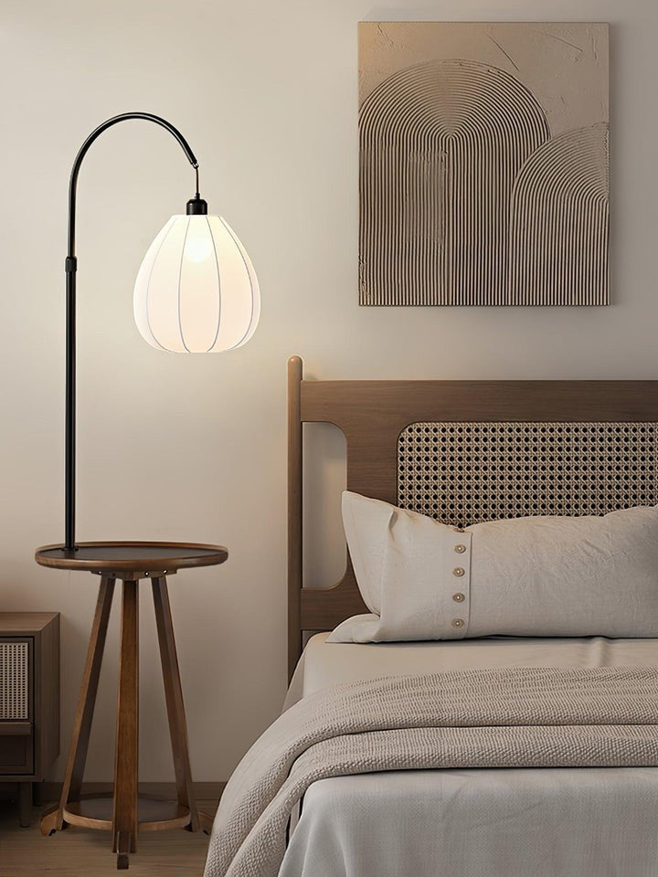 Curved Arc Side Table Floor Lamp with Walnut Wood Shelf