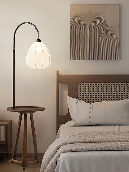 Curved Arc Side Table Floor Lamp with Walnut Wood Shelf