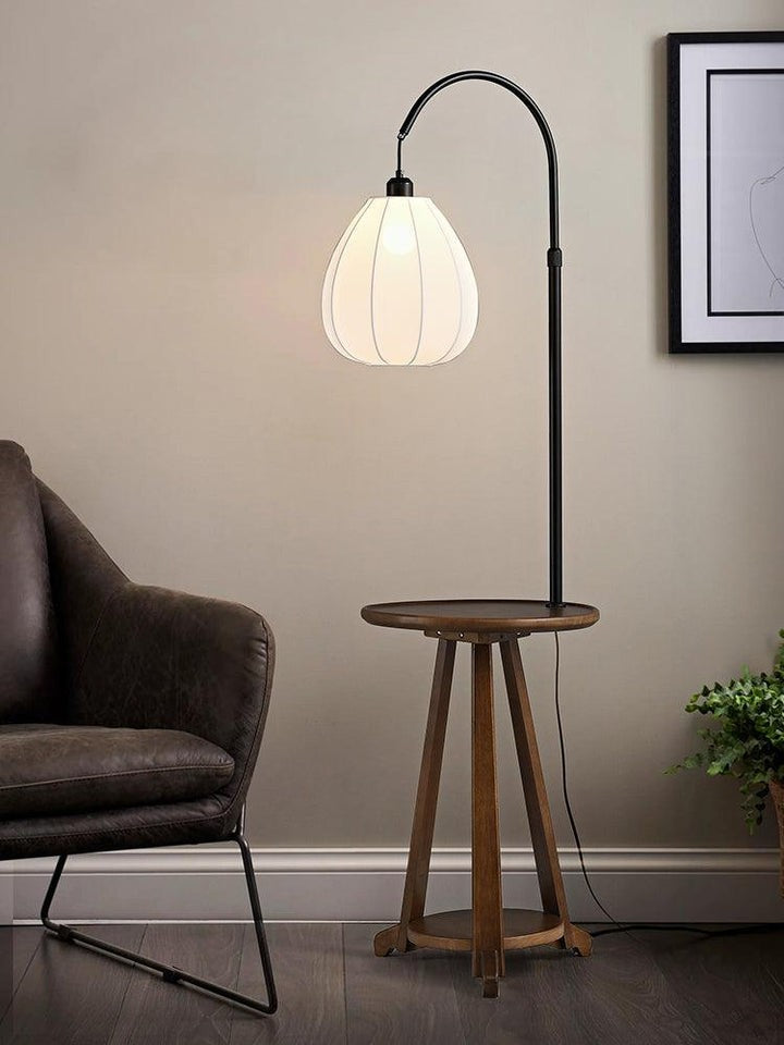 Curved Arc Side Table Floor Lamp with Walnut Wood Shelf