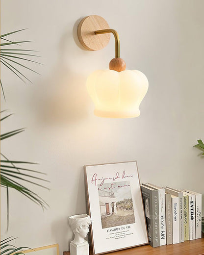 Curved Gold & Wood Wall Sconce with White Glass Shade