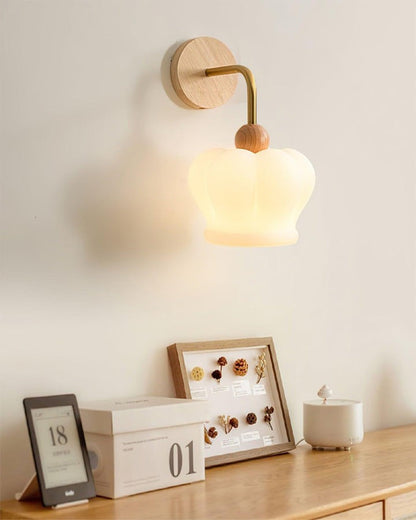 Curved Gold & Wood Wall Sconce with White Glass Shade