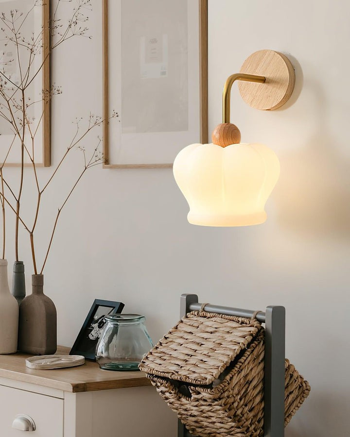 Curved Gold & Wood Wall Sconce with White Glass Shade