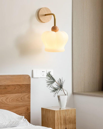 Curved Gold & Wood Wall Sconce with White Glass Shade