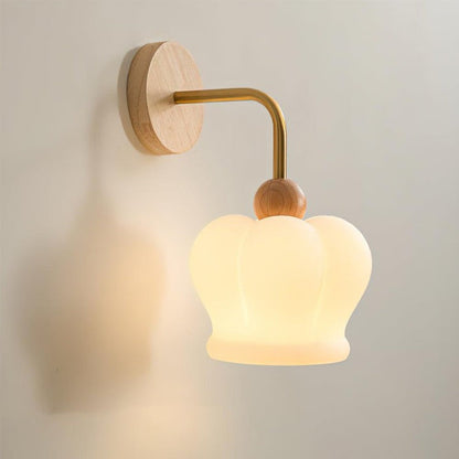 Curved Gold & Wood Wall Sconce with White Glass Shade
