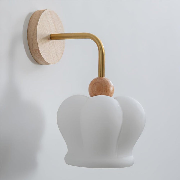 Curved Gold & Wood Wall Sconce with White Glass Shade