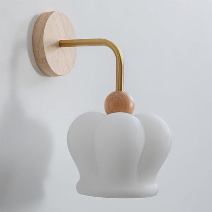 Curved Gold & Wood Wall Sconce with White Glass Shade
