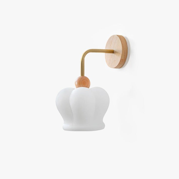 Curved Gold & Wood Wall Sconce with White Glass Shade