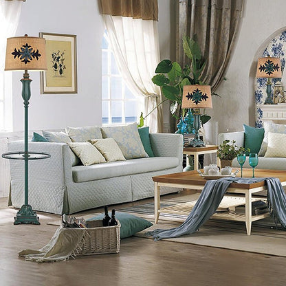 Distressed Resin Floor Lamp with Taupe Bell Shade