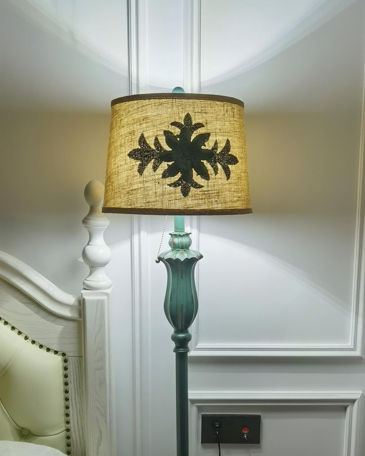Distressed Resin Floor Lamp with Taupe Bell Shade