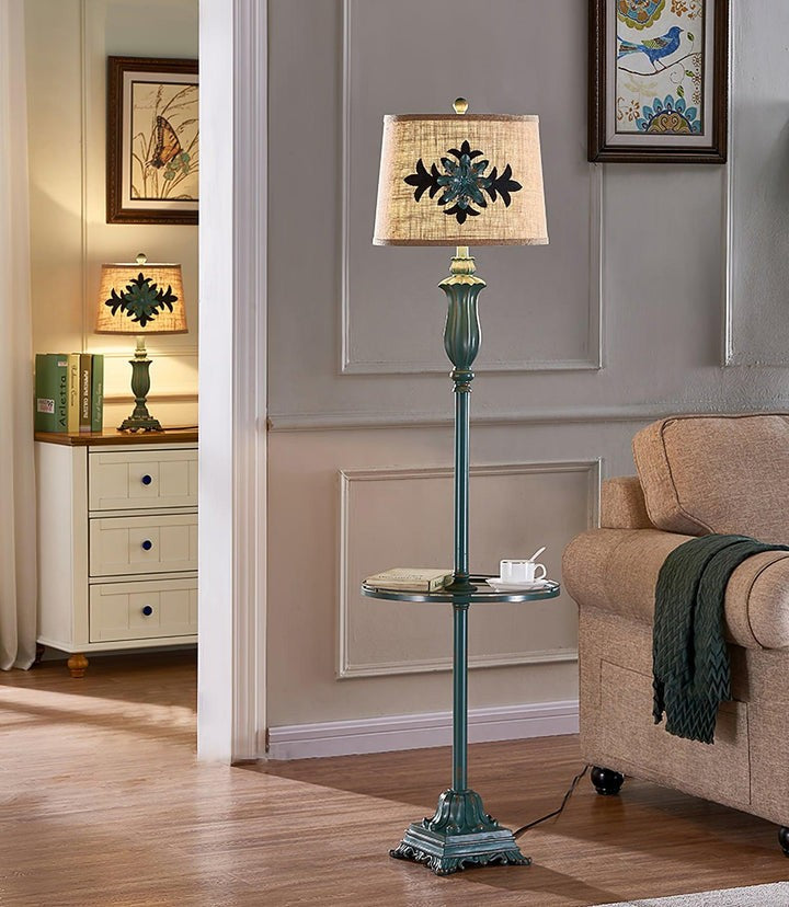 Distressed Resin Floor Lamp with Taupe Bell Shade