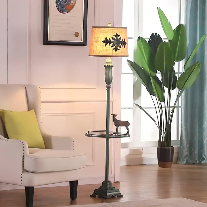 Distressed Resin Floor Lamp with Taupe Bell Shade
