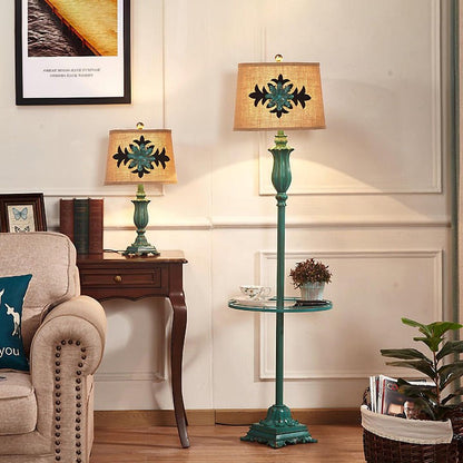 Distressed Resin Floor Lamp with Taupe Bell Shade