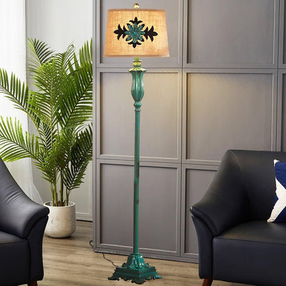 Distressed Resin Floor Lamp with Taupe Bell Shade