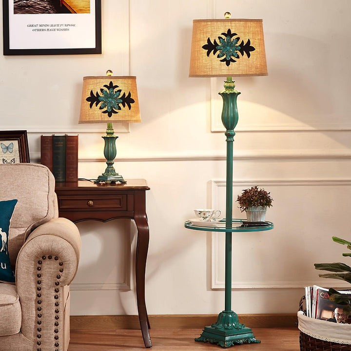 Distressed Resin Floor Lamp with Taupe Bell Shade