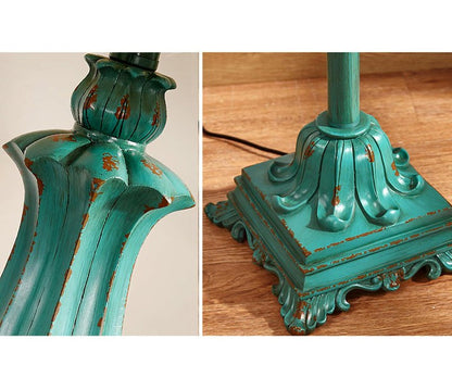 Distressed Resin Floor Lamp with Taupe Bell Shade