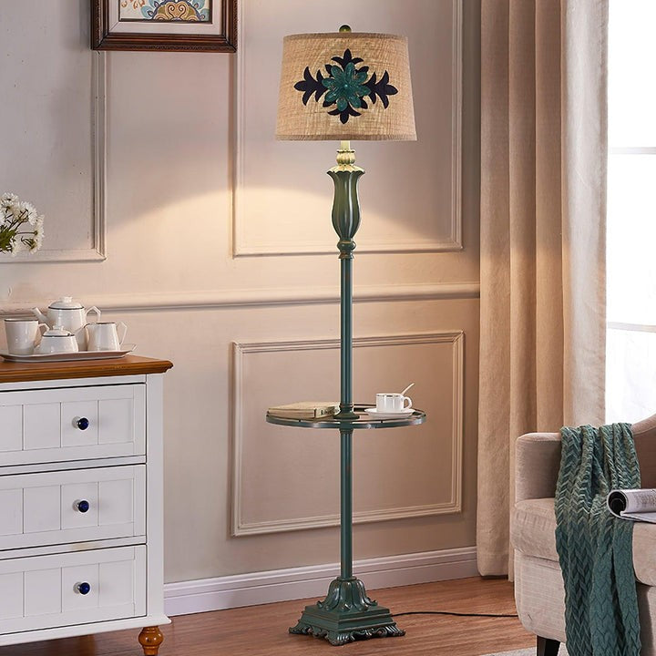 Distressed Resin Floor Lamp with Taupe Bell Shade