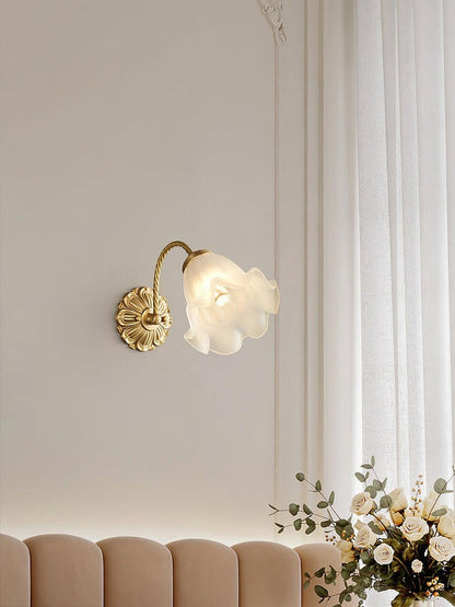 Flared Glass Wall Sconce with Brass Floral Accent