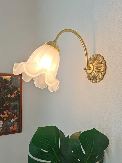 Flared Glass Wall Sconce with Brass Floral Accent