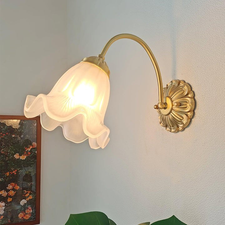 Flared Glass Wall Sconce with Brass Floral Accent