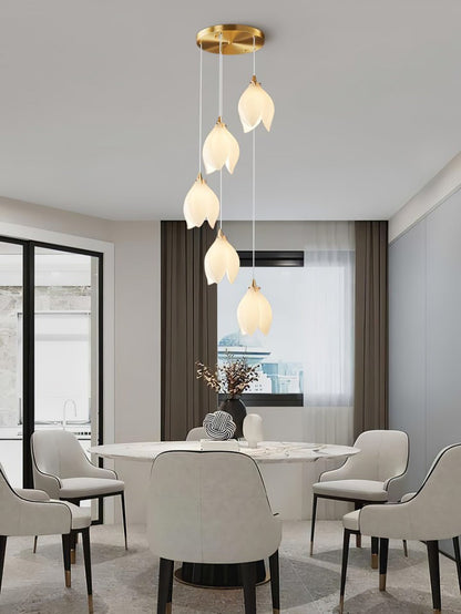 Floral Ceramic & Brass Pendant Light with Adjustable Hanging