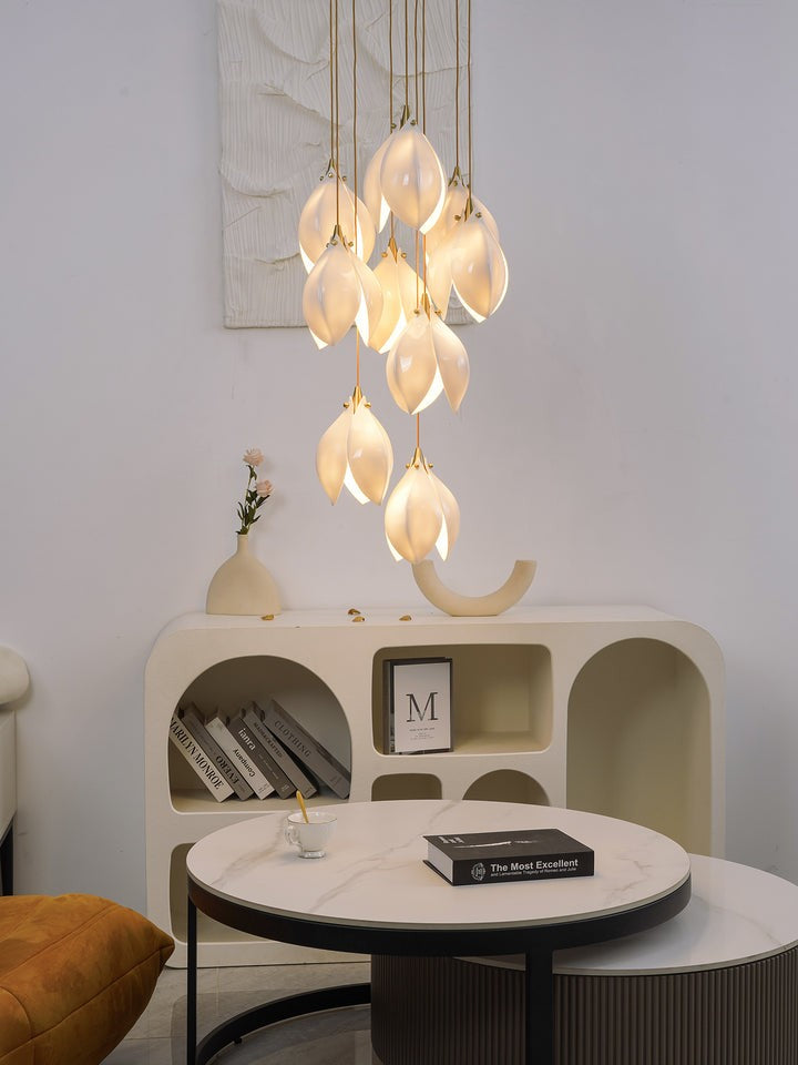 Floral Ceramic & Brass Pendant Light with Adjustable Hanging