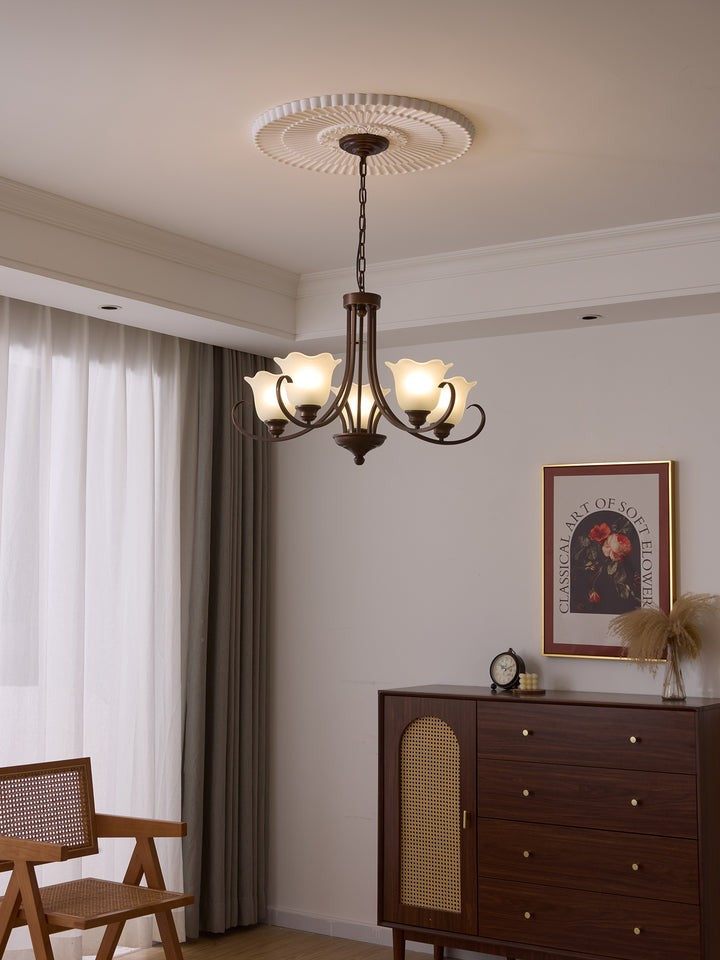 Floral Glass Pendant Chandelier with Bronze Finish