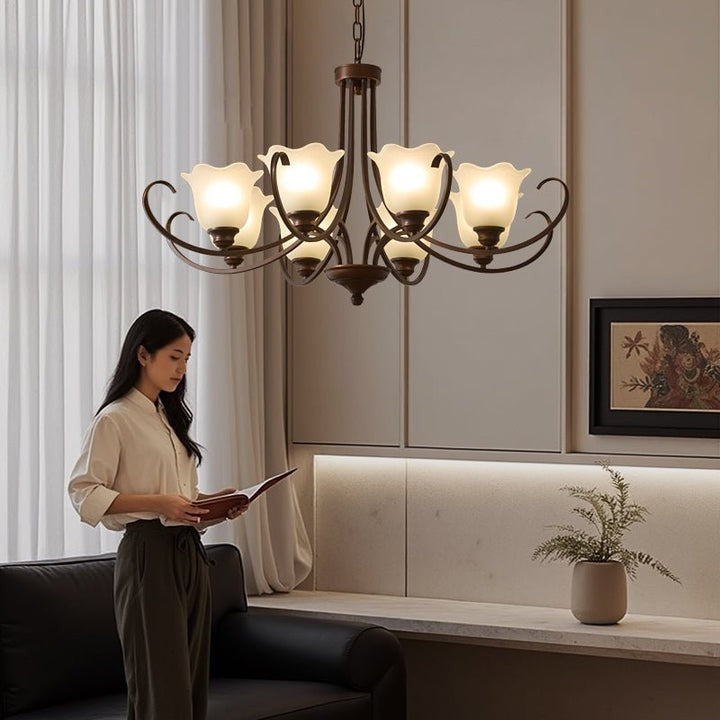 Floral Glass Pendant Chandelier with Bronze Finish