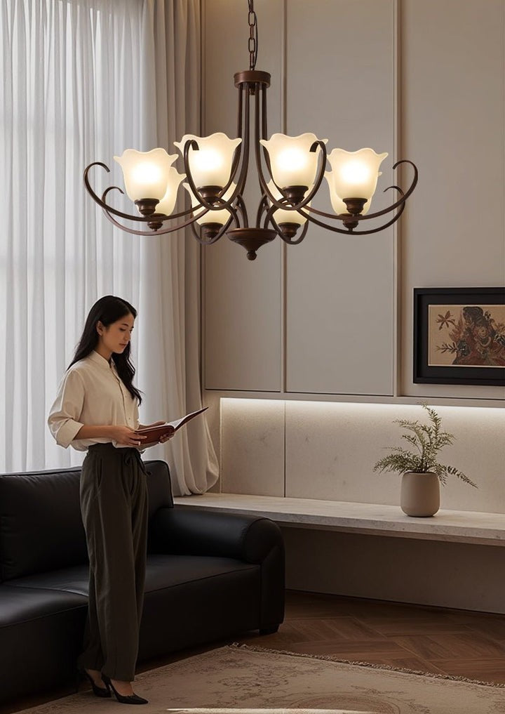 Floral Glass Pendant Chandelier with Bronze Finish