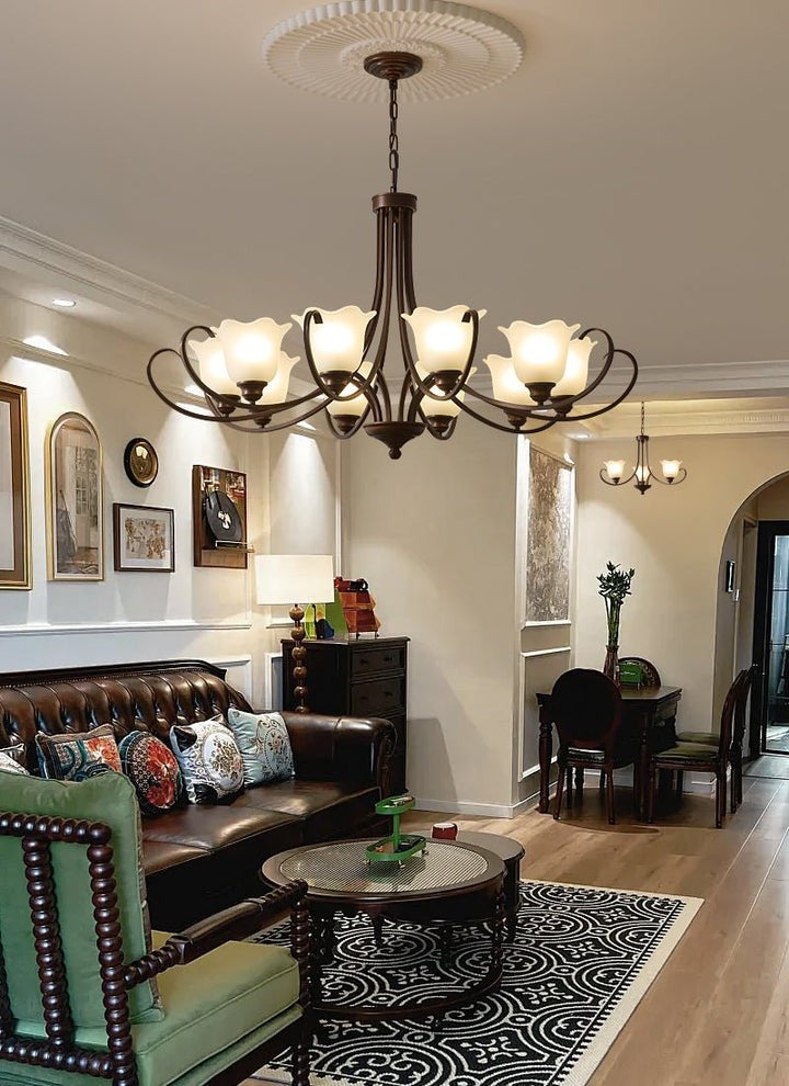 Floral Glass Pendant Chandelier with Bronze Finish
