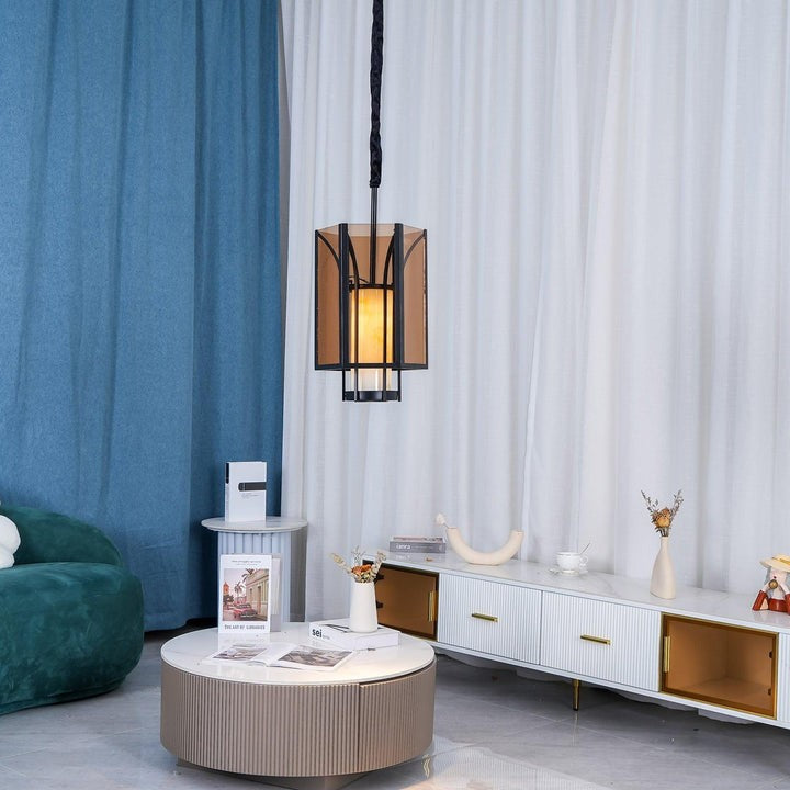 French-Style Black Iron & Alabaster Pendant Light