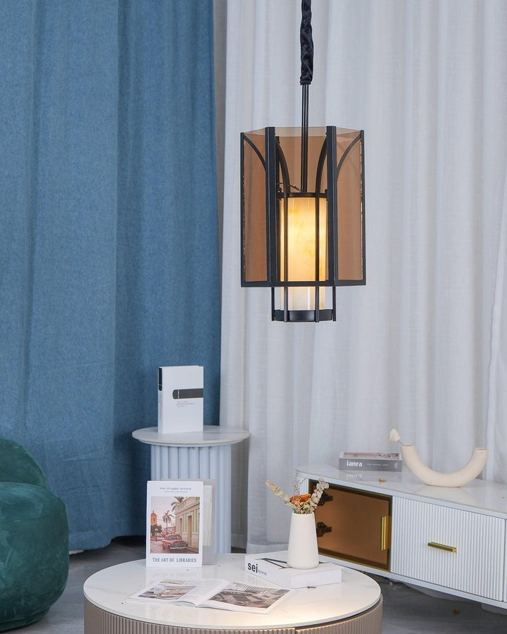 French-Style Black Iron & Alabaster Pendant Light