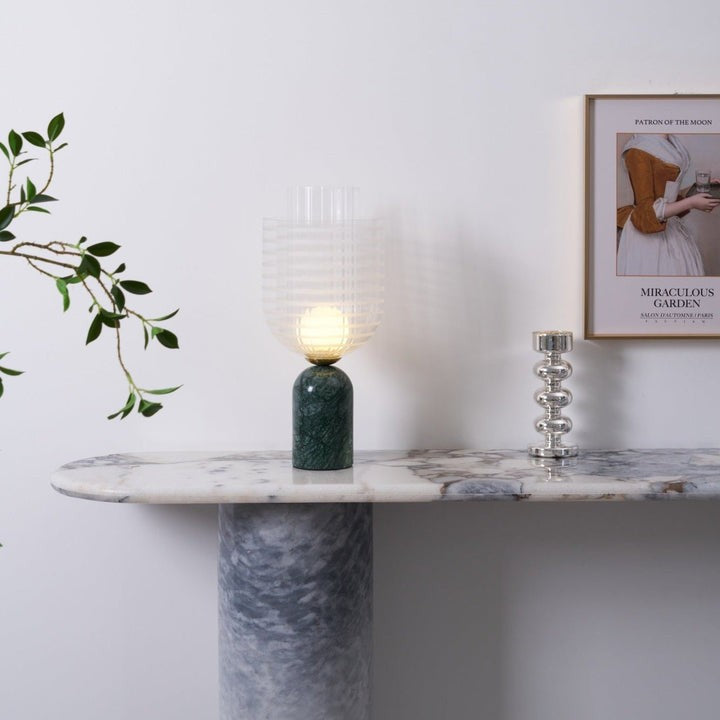 Green Marble Cylinder Table Lamp with Striped Glass Shade