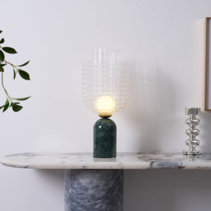 Green Marble Cylinder Table Lamp with Striped Glass Shade