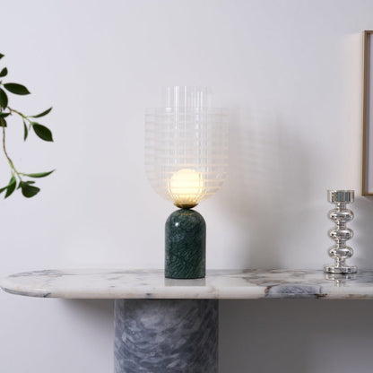 Green Marble Cylinder Table Lamp with Striped Glass Shade