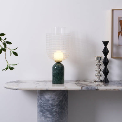 Green Marble Cylinder Table Lamp with Striped Glass Shade