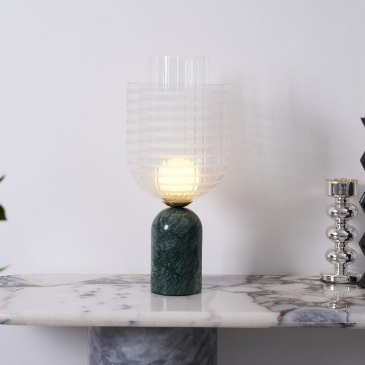 Green Marble Cylinder Table Lamp with Striped Glass Shade