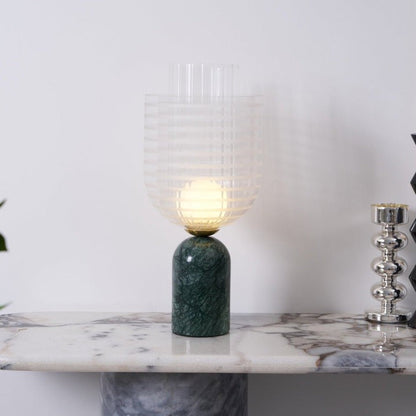 Green Marble Cylinder Table Lamp with Striped Glass Shade