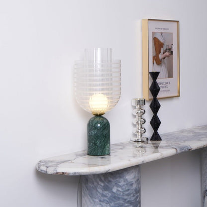Green Marble Cylinder Table Lamp with Striped Glass Shade