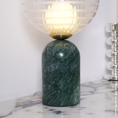 Green Marble Cylinder Table Lamp with Striped Glass Shade