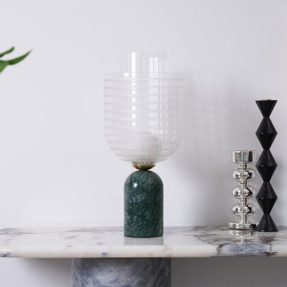 Green Marble Cylinder Table Lamp with Striped Glass Shade