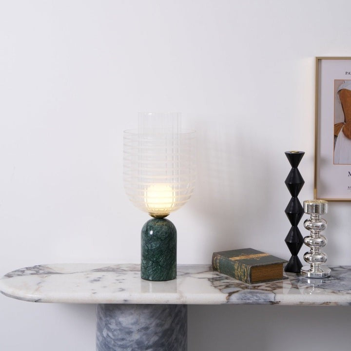 Green Marble Cylinder Table Lamp with Striped Glass Shade
