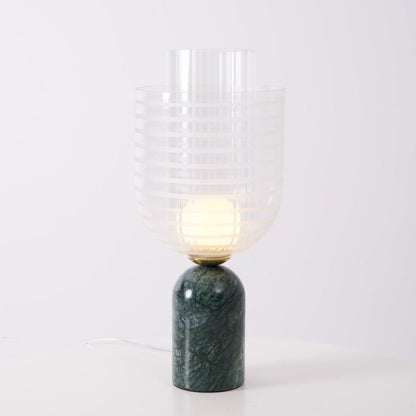 Green Marble Cylinder Table Lamp with Striped Glass Shade