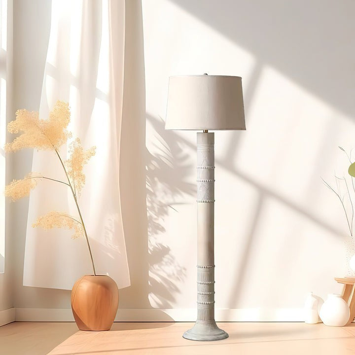 Handcrafted Wooden Floor Lamp with Beige Linen Shade