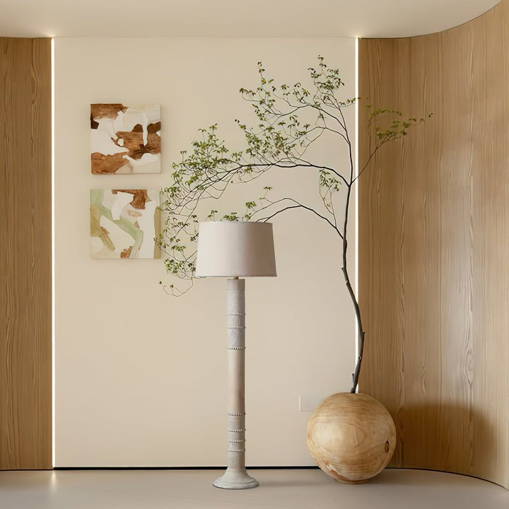 Handcrafted Wooden Floor Lamp with Beige Linen Shade