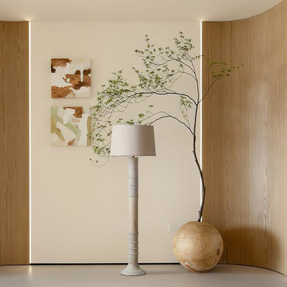 Handcrafted Wooden Floor Lamp with Beige Linen Shade