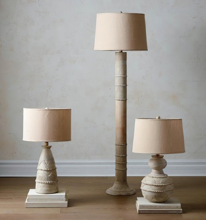 Handcrafted Wooden Floor Lamp with Beige Linen Shade