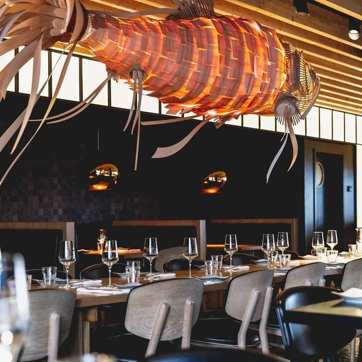 Koi-Inspired Wood Slat LED Chandelier