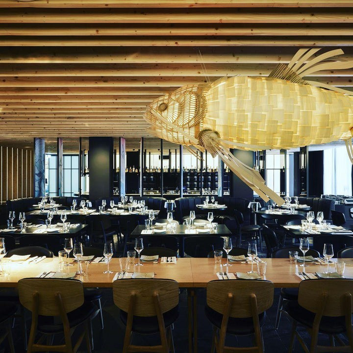 Koi-Inspired Wood Slat LED Chandelier